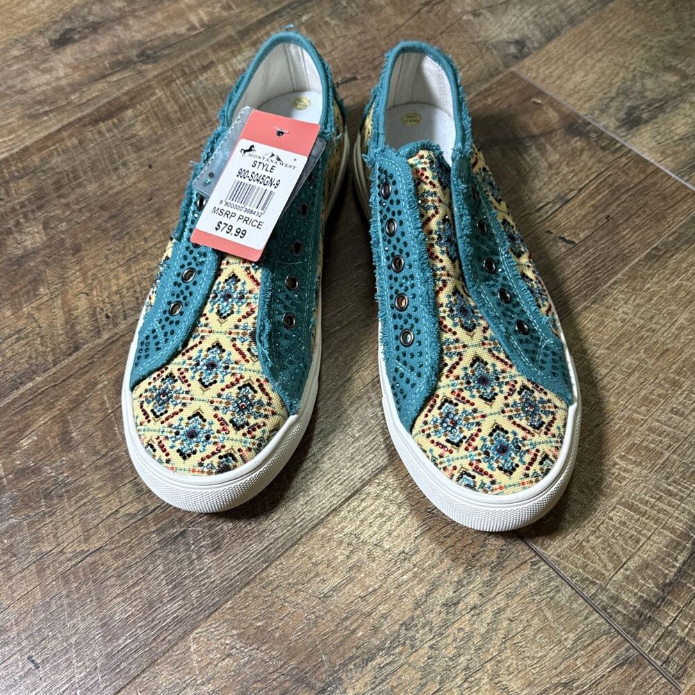 Montana West Womens Sz 9 Blue Aztec Rhinestone Slip On Shoes Western Bling NEW
